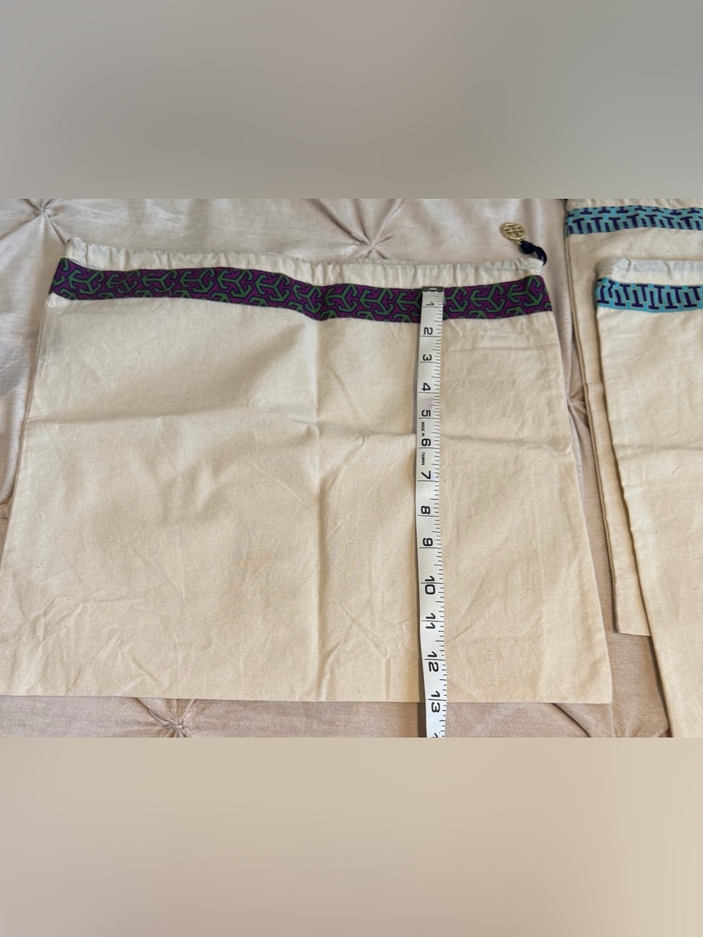 Tory Burch Cream Drawstring Dust Bag with Purple & Green Trim